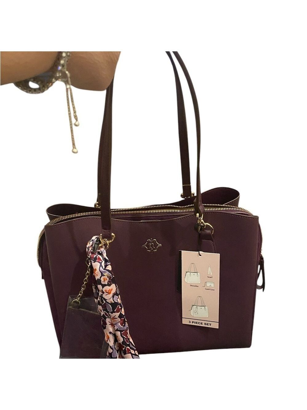 Nanette Lepore Luxe 3-Piece Satchel Set: Deep Plum & Gold  NWT - Picture 14 of 15